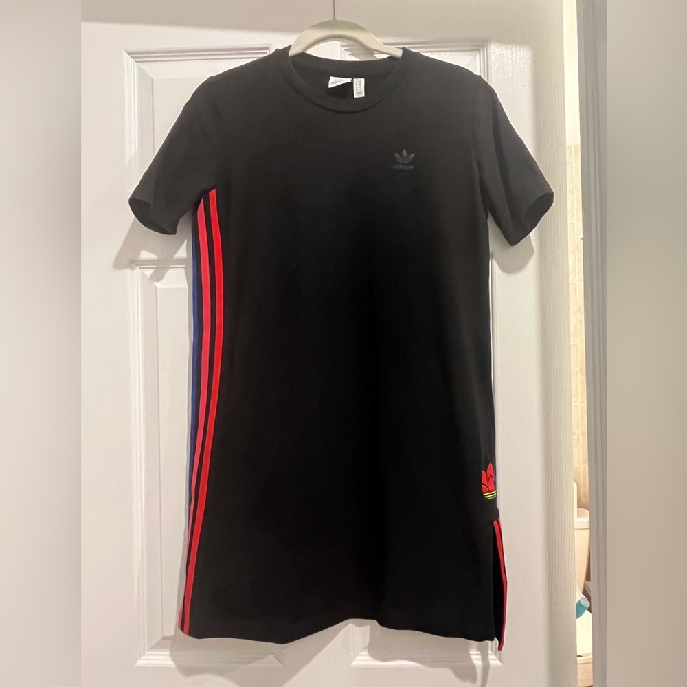 Adidas Black Tshirt Dress w Red and Blue Stripe